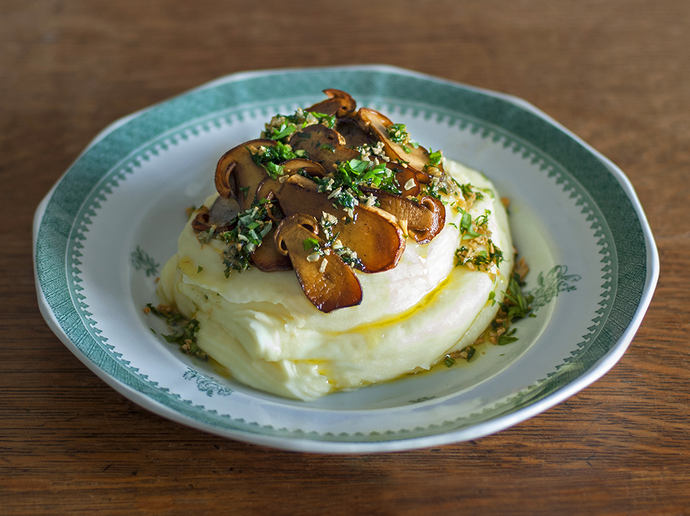 Penny Buns with Garlic Mash and Sorrel Gremolata