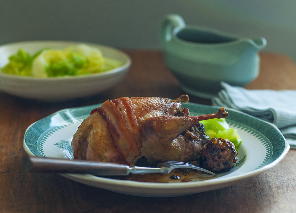 Roast Partridge with Sweet Chestnuts, Wild Mushrooms and Bacon