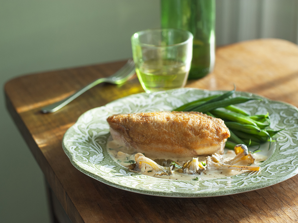 Braised Chicken in White Wine with Winter  Chanterelles
