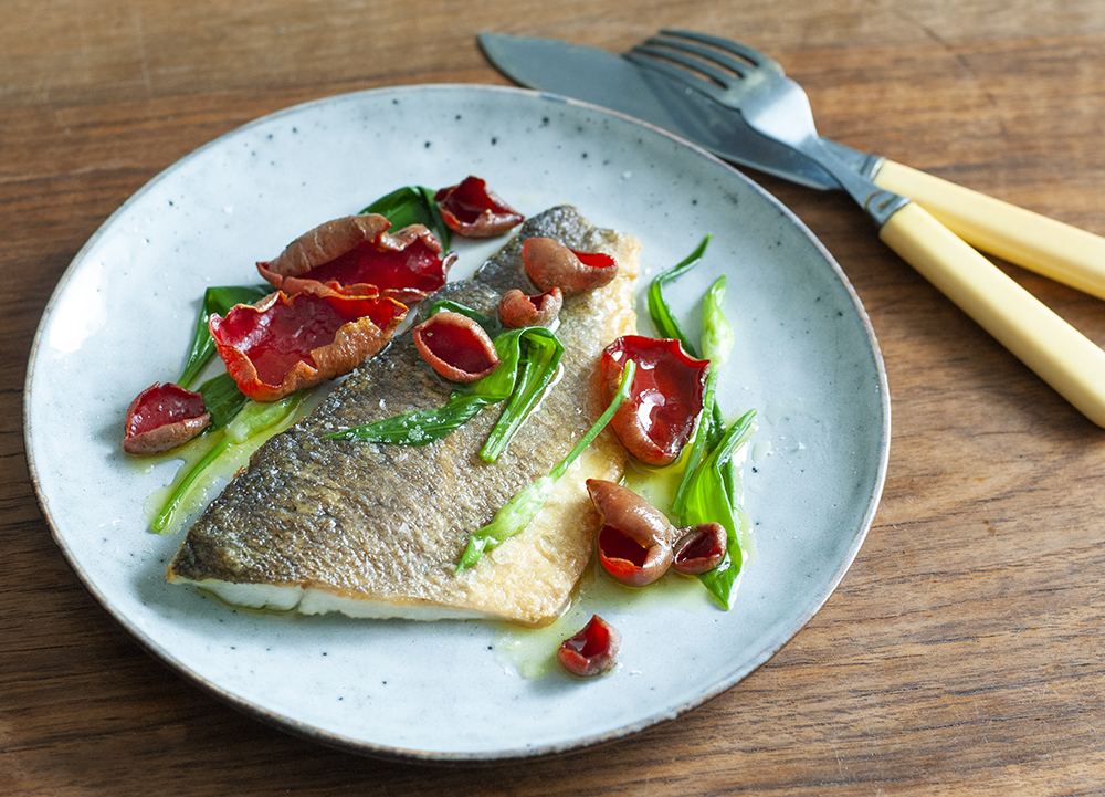 Seabass with Scarlet Elf Cups and Wild Garlic